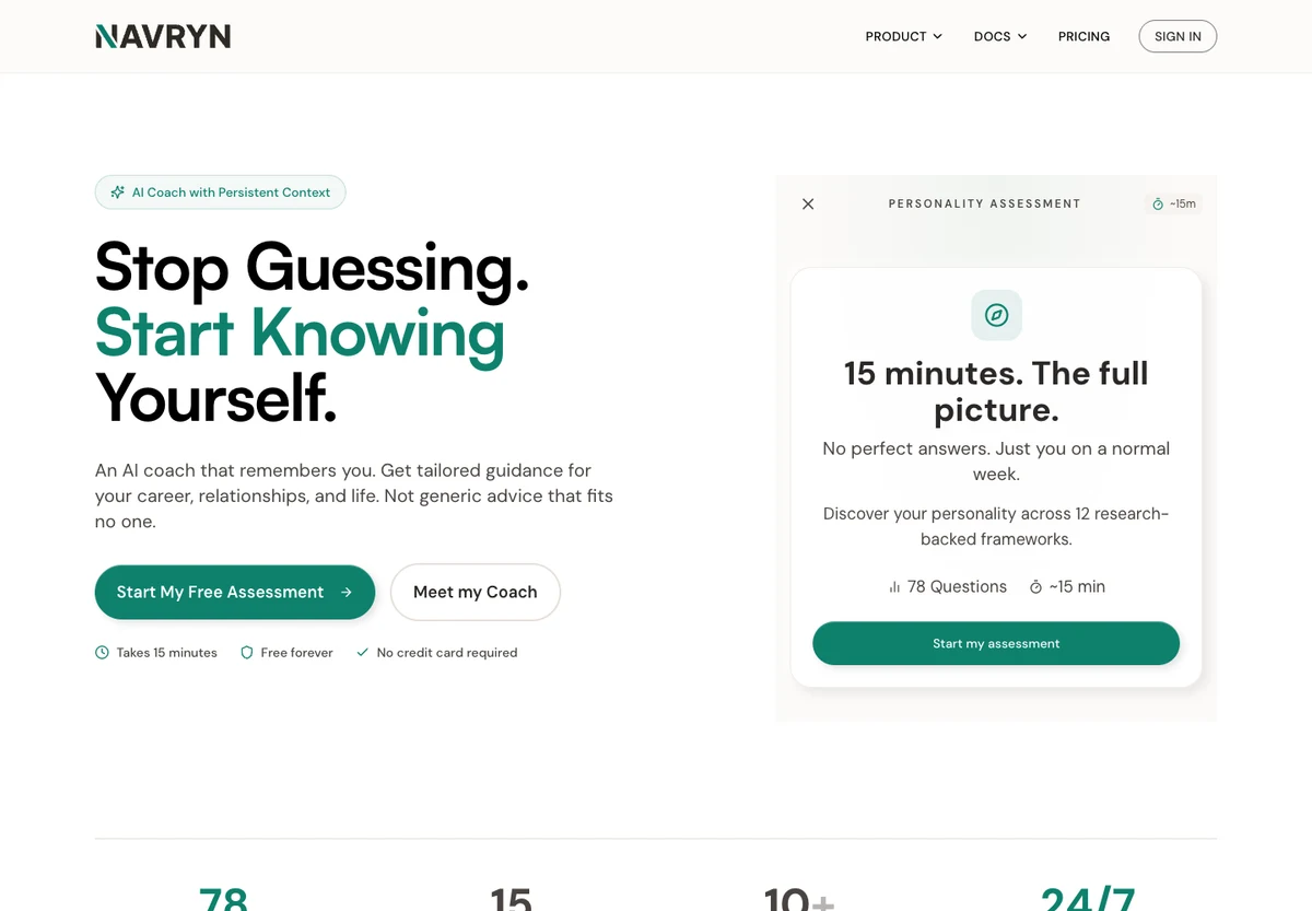 The NAVRYN website showing its personality assessment and personal AI coaching